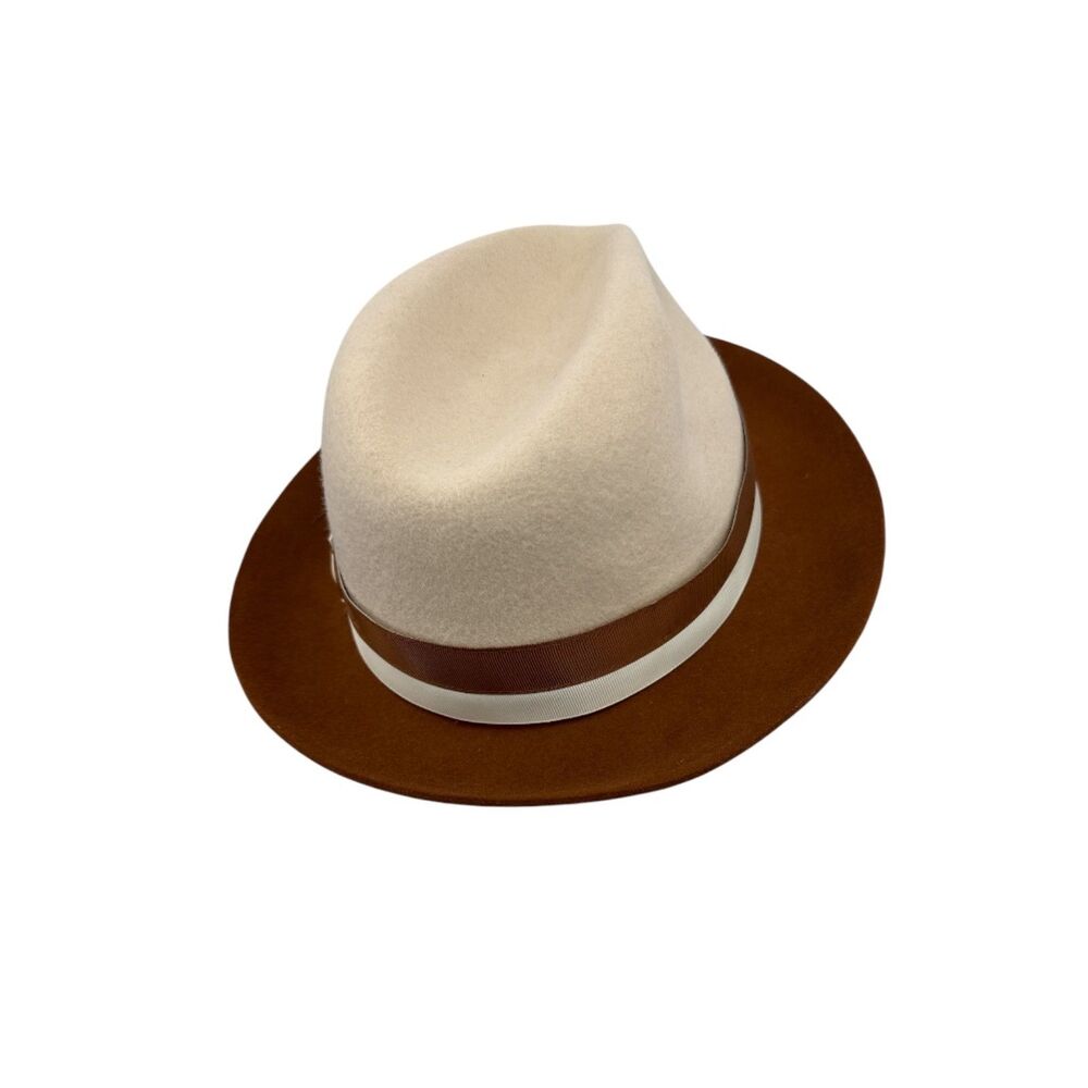 Fedora Wool Hat Medium felt raw edge snap brim 2-tone red cream pinch front - Picture 4 of 16